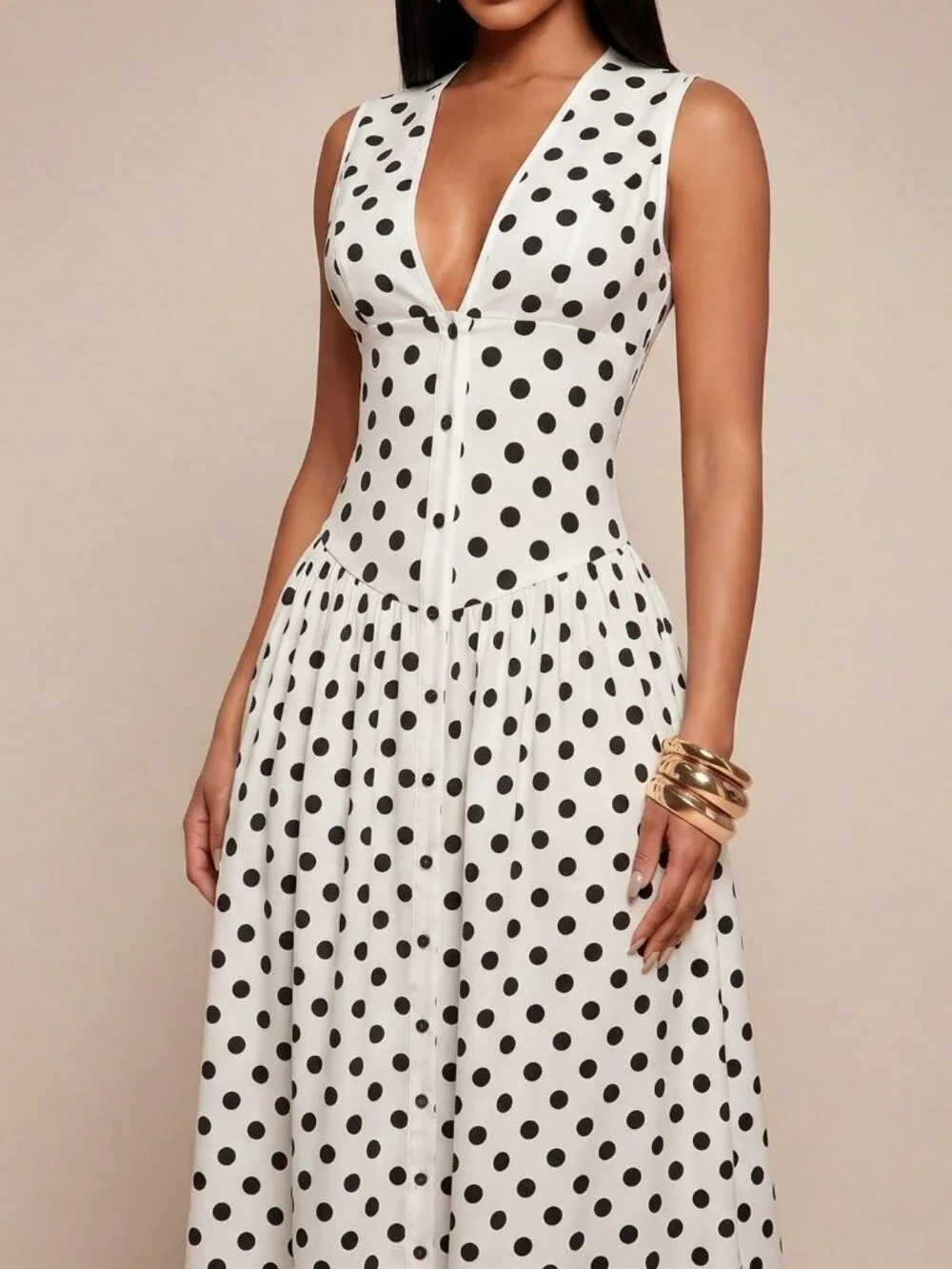 Black and White Minimalist Women's V-Neck Sleeveless Button-Front Shirtdress